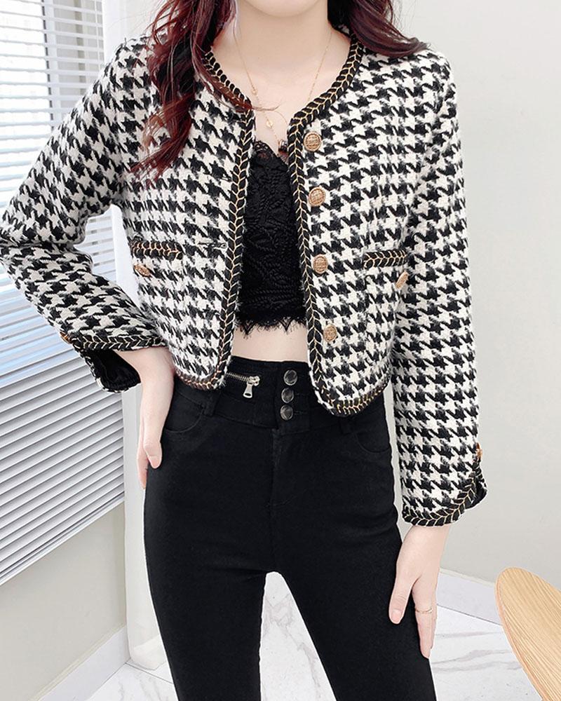 

Houndstooth Pocket Detail Button Front Tweed Coat, Black&white