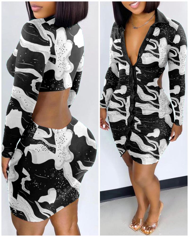 

Cutout Back Ruched Abstract Print Shirt Dress, Black