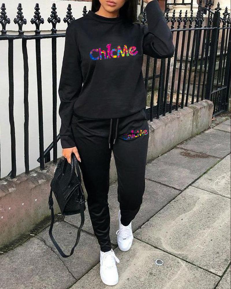 

ChicMe Ink Splash Letter Print Top & Drawstring Pants Set, Black