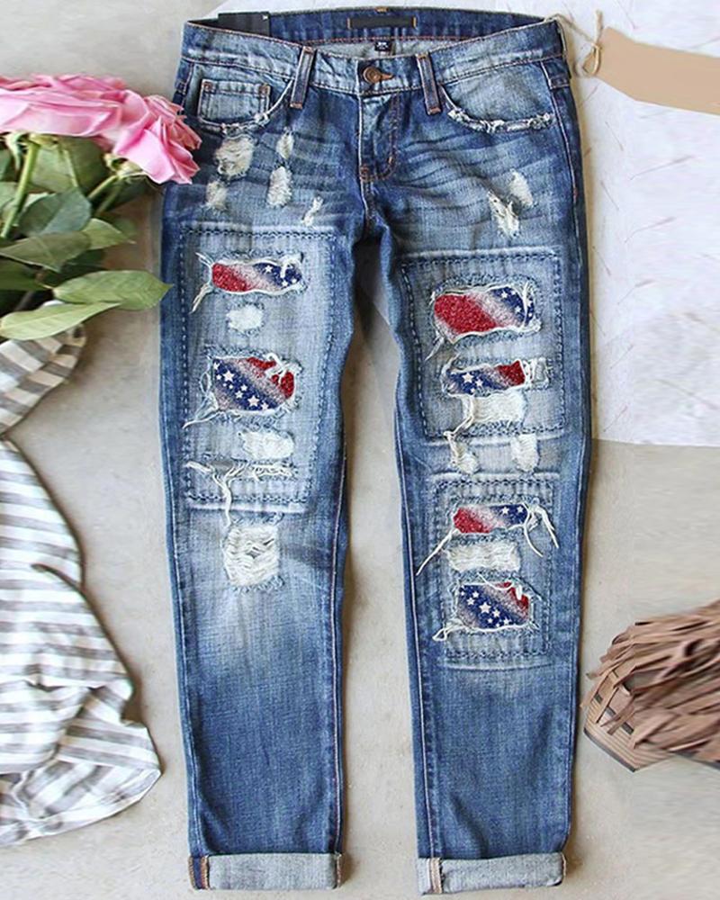 

Independence Day Flag Print Ripped Patchwork Jeans, Blue