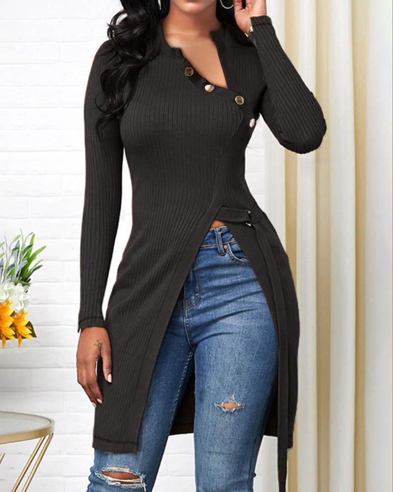 

Long Sleeve Button Decor High Split Top, Black