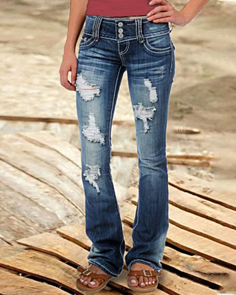 

Ripped Low Waist Bootcut Jeans, Dark blue