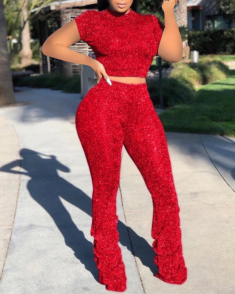 

Glitter Short Sleeve Top & Pants Set, Red