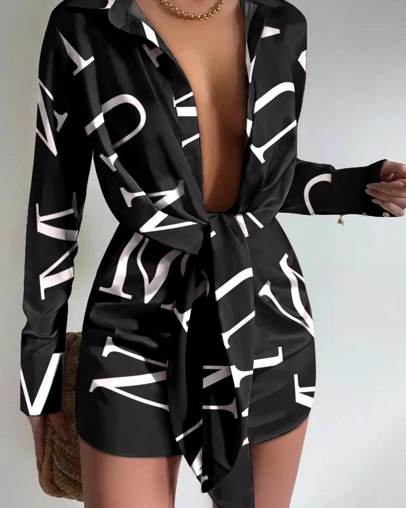 

Letter Print Tied Detail Long Sleeve Shirt Dress, Black