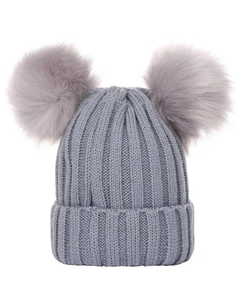 

Knit Double Pom Pom Decor Cuffed Beanie For Kids, Gray