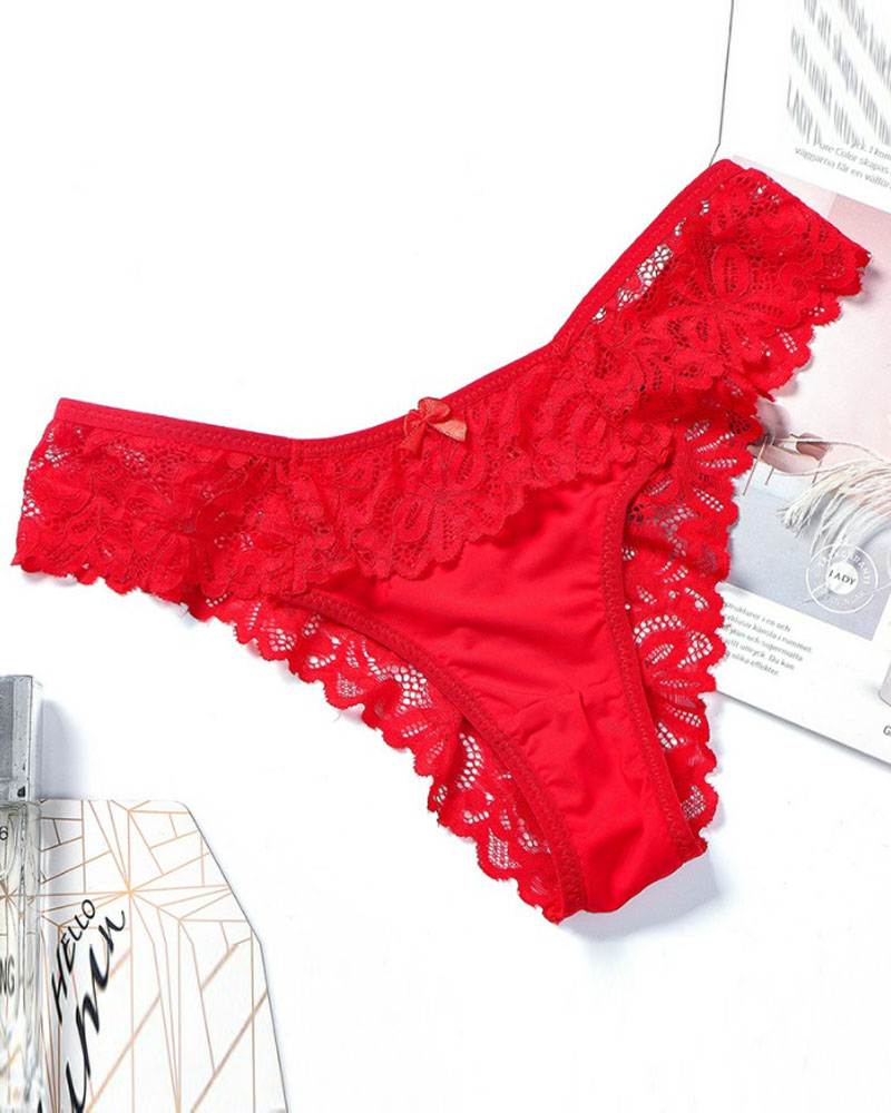 

Breathable Bowknot Decor Floral Lace Panty, Red