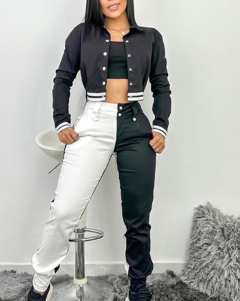 

Colorblock Baseball Jacket & Cuffed Pants Set, Black