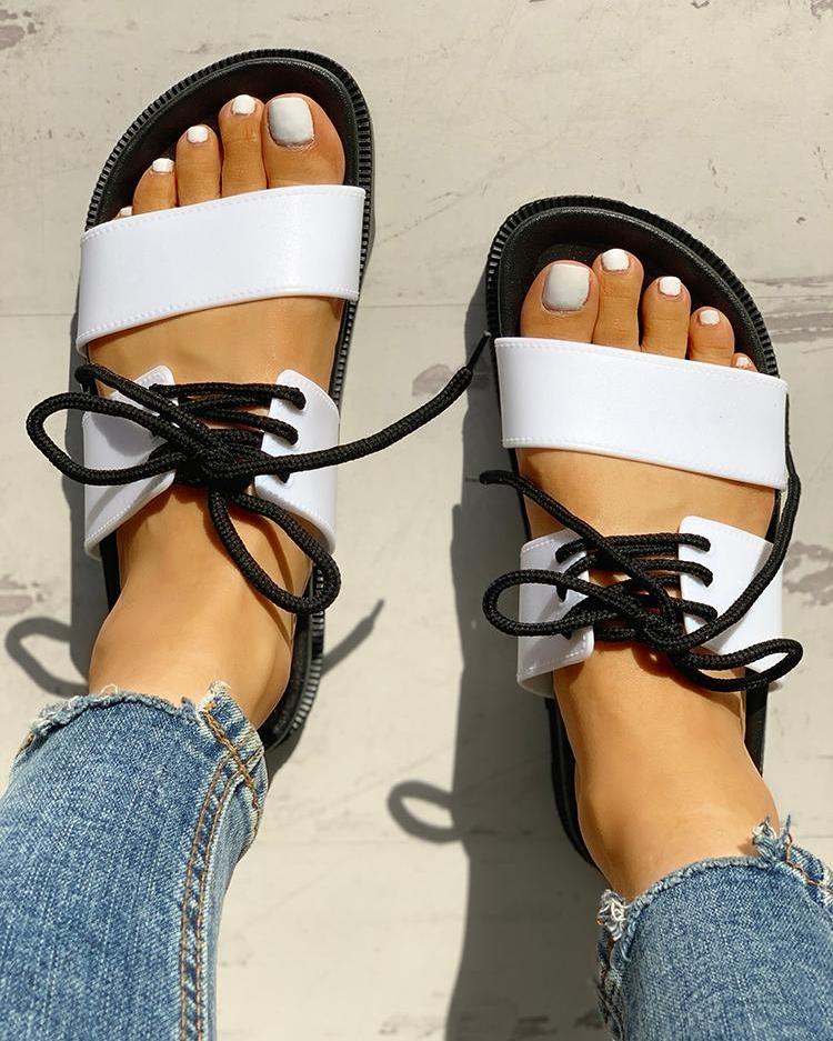 

Lace-Up Double Strap Open Toe Flat Sandals, White