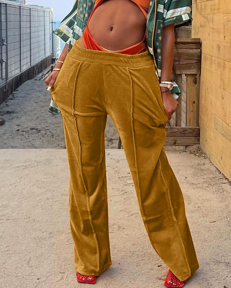 

Velvet Pocket Design High Waist Sweatpants, Yellow