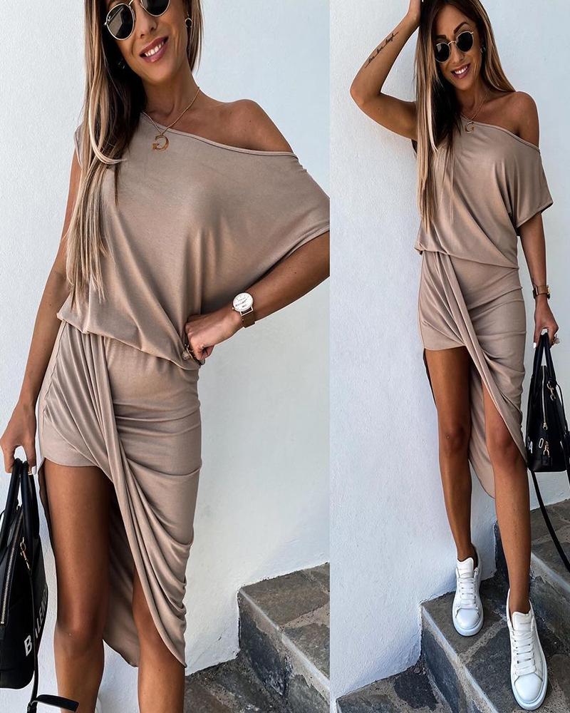 

Slash Neck Asymetrical Ruched Casual Dress, Khaki