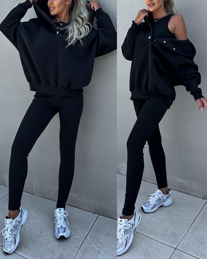 

O-neck Tank Top & Pants Set With Hooded Coat, Black