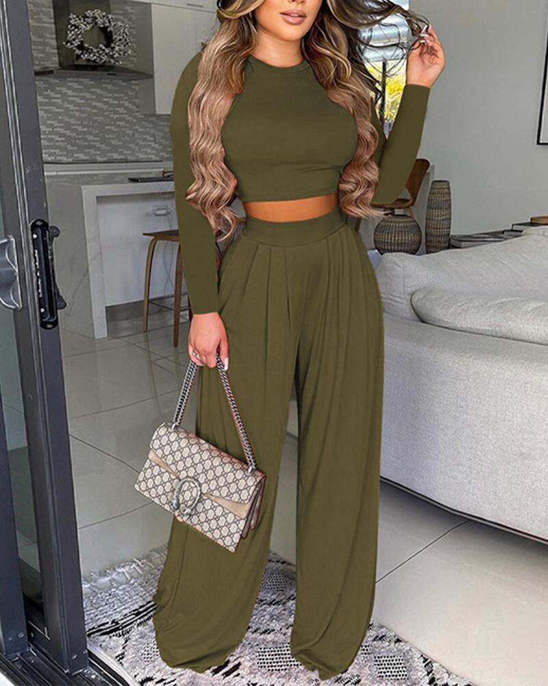 

Long Sleeve Crop Top & Wide Leg Pants Set, Green