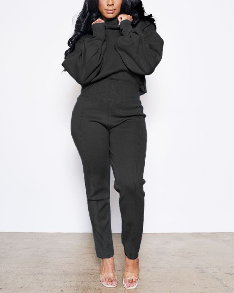 

Lantern Sleeve High Neck Top & High Waist Pants Set, Black
