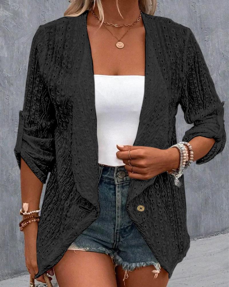 

Plus Size Roll Up Sleeve Eyelet Embroidery Buttoned Coat, Black