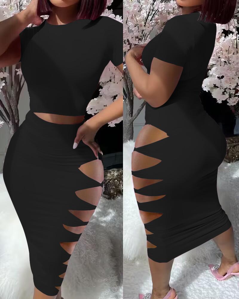 

Ladder Cutout Short Sleeve Top & Skirt Set, Black