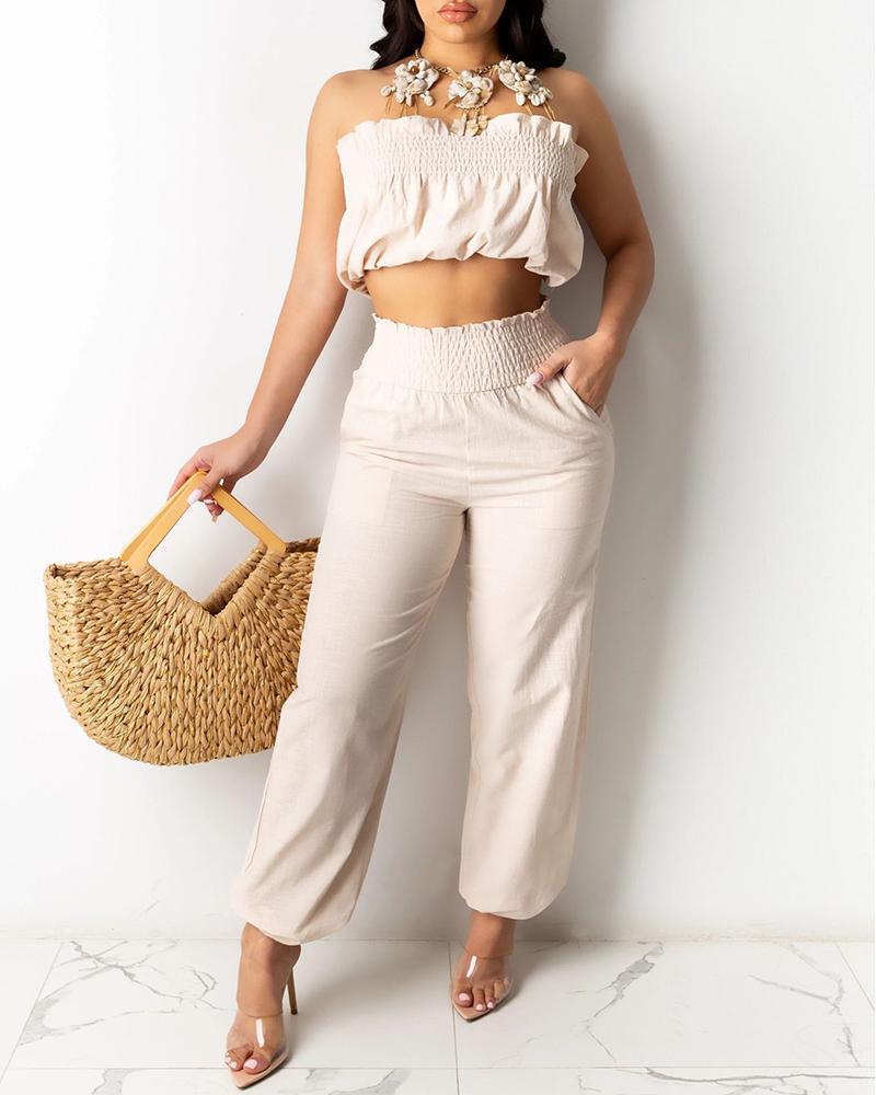 

Frill Hem Shirred Top & High Waist Pocket Design Pants Set, Apricot