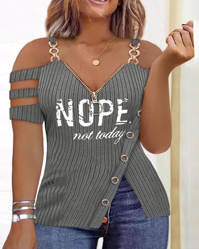 

Plus Size Slogan Print Slit Cold Shoulder Top, Gray