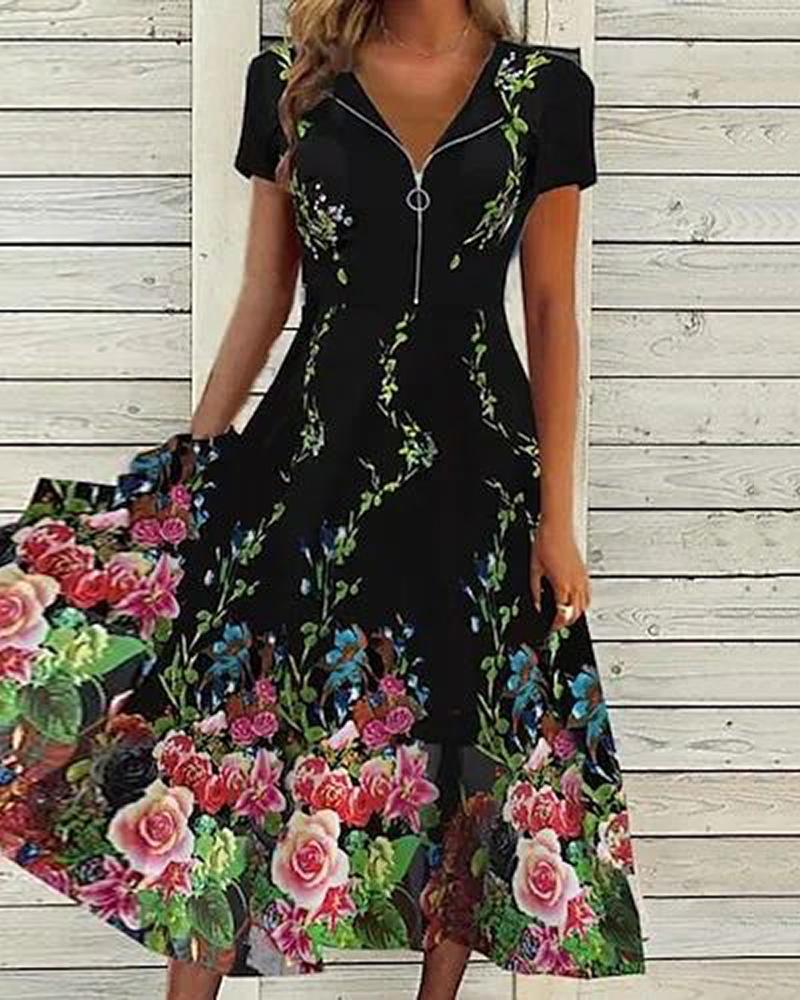 

Zipper Front Floral Print Casual Dress, Black