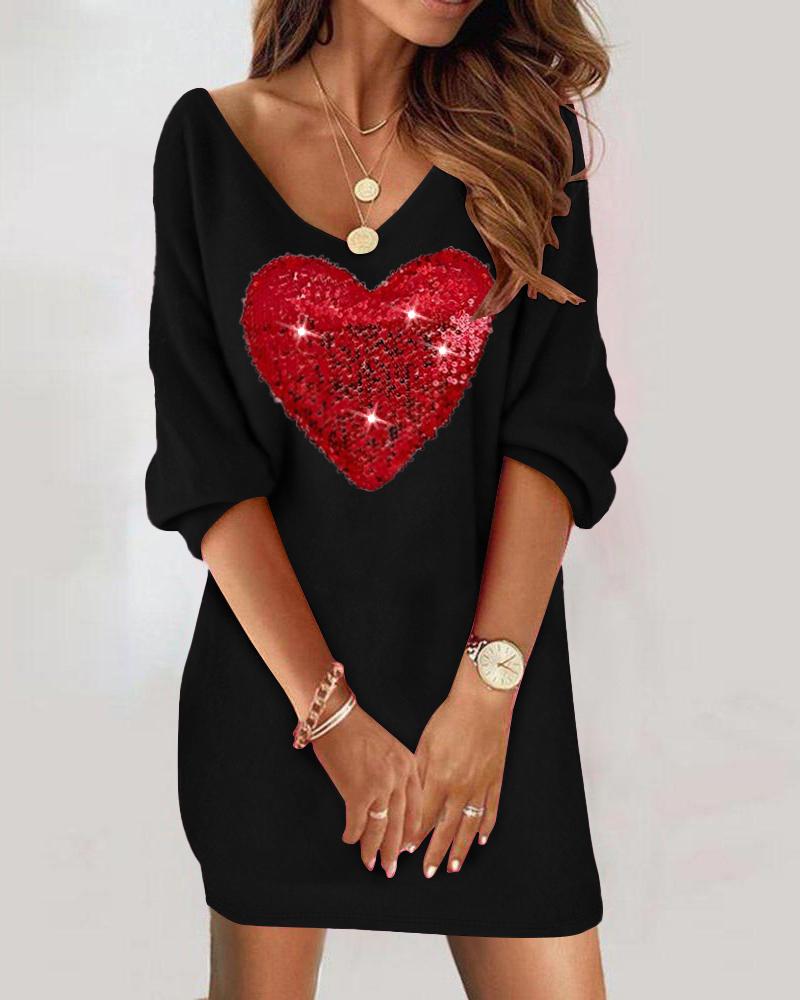 

Colorblock Heart Pattern Contrast Sequin Casual Dress, Black