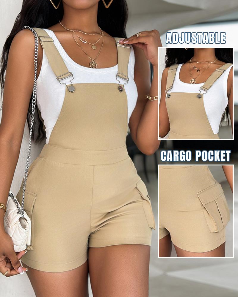 

Combi-short à bretelles décontractées à conception de poche, Khaki