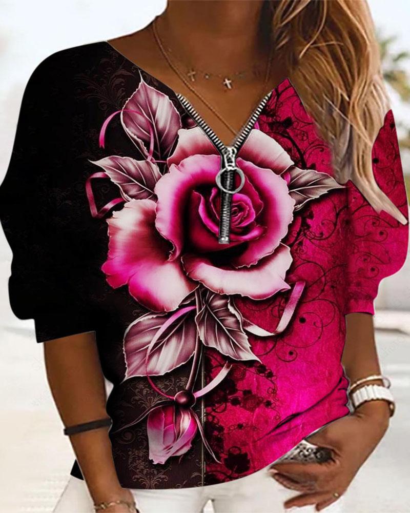 

Plus Size Floral Print Long Sleeve Zip Front Casual Top, Hot pink