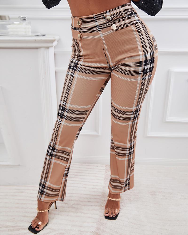 

Plaid Print Buttoned High Waist Straight Leg Tailored Pants, Brown