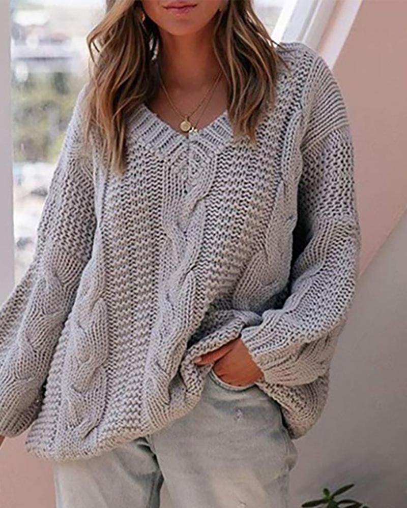 

Solid V-Neck Lantern Sleeve Knitting Sweater, Gray