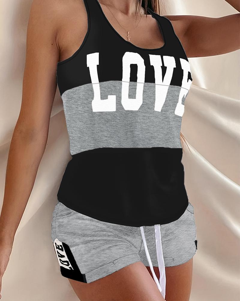 

Striped Letter Print Colorblock Drawstring Tank Pajamas Set, Black