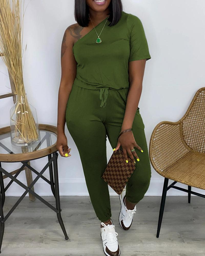 

One Shoulder Pocket Design Casual Jumpsuit, Green