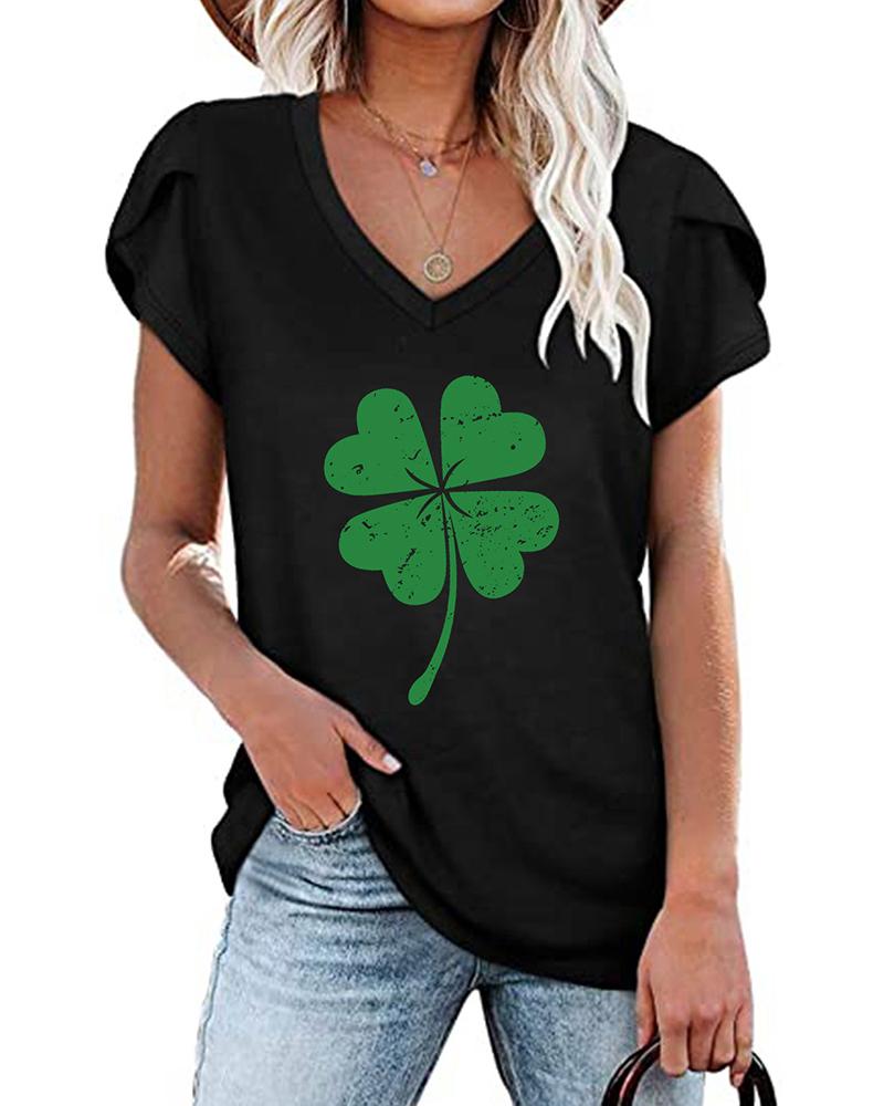 

St. Patrick' Day Clover Print V-Neck Casual T-shirt, Black