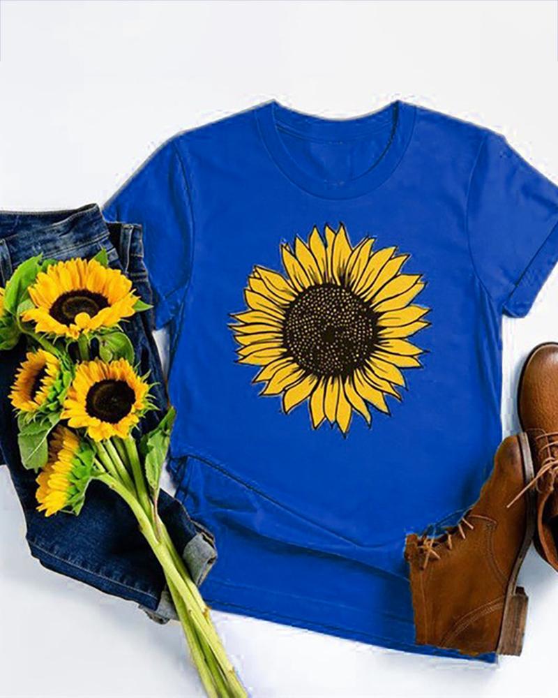 

Sunflower Print Short Sleeve T-shirt, Blue