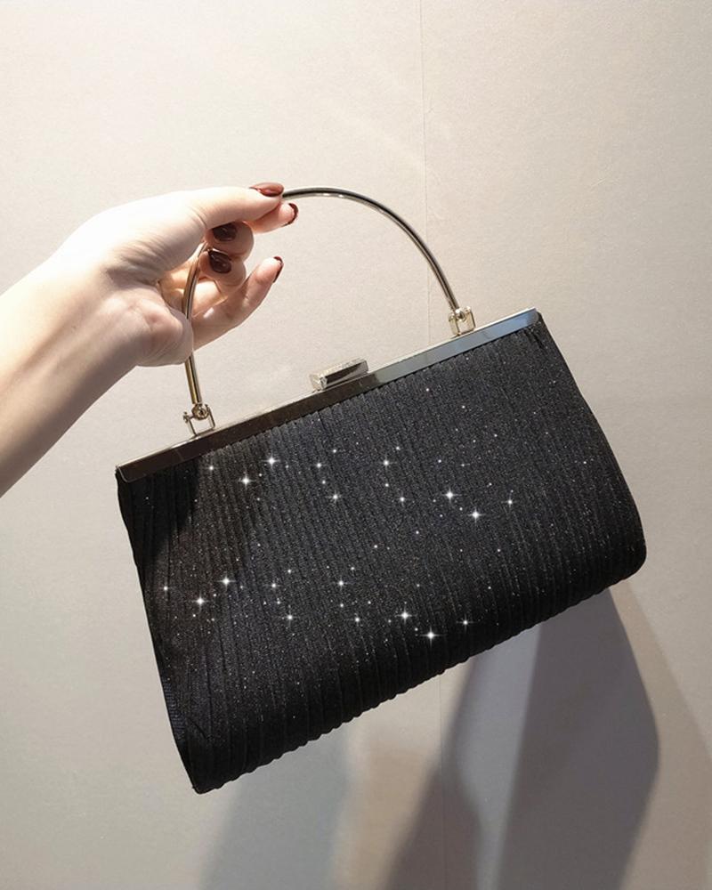 

Glitter Ruched Top Handle Evening Clutch Bag, Black