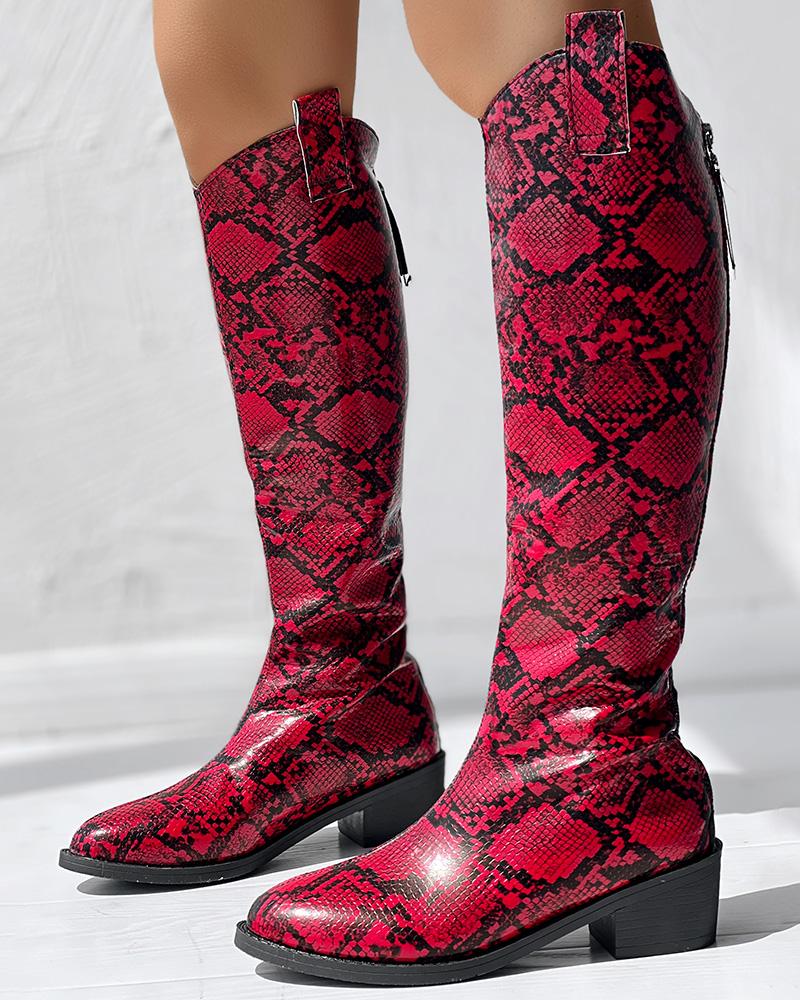 Snakeskin Print Chunk Heel Knee-High Boots