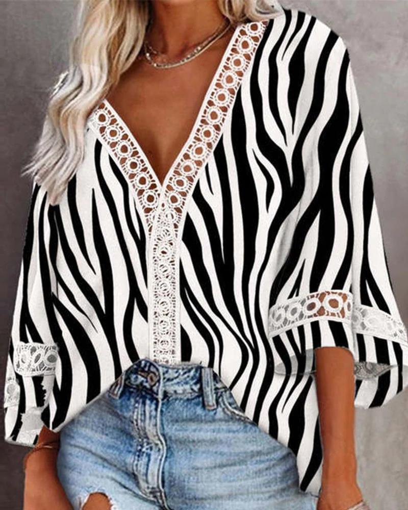 

Zebra Stripe Print Contrast Lace V-Neck Top, Style1