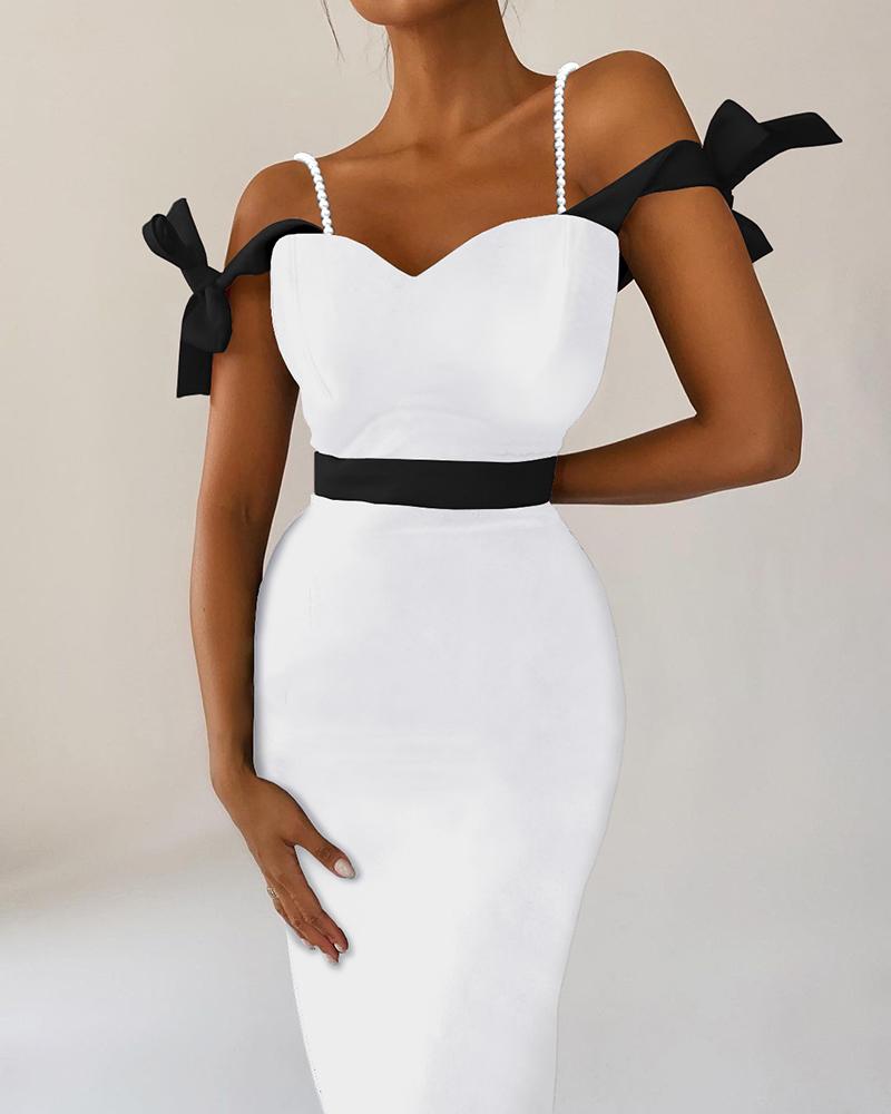 

Pearl Spaghetti Strap Colorblock Bodycon Dress, Black&white