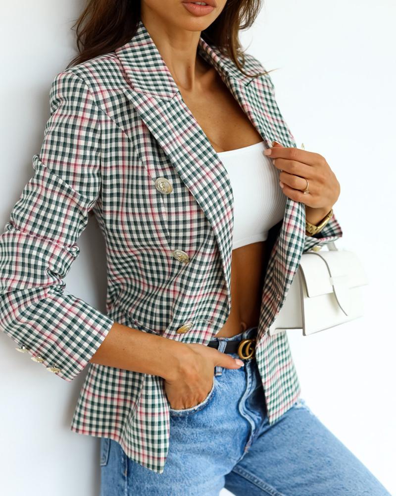 

Plaid Print Double Breasted Flap Detail Blazer, Multicolor
