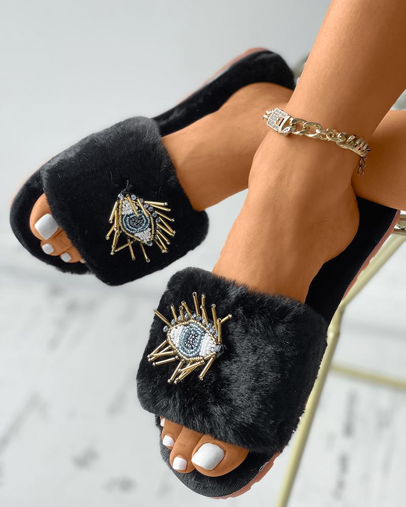 

Eyes Pattern Fluffy Casual Slippers, Black