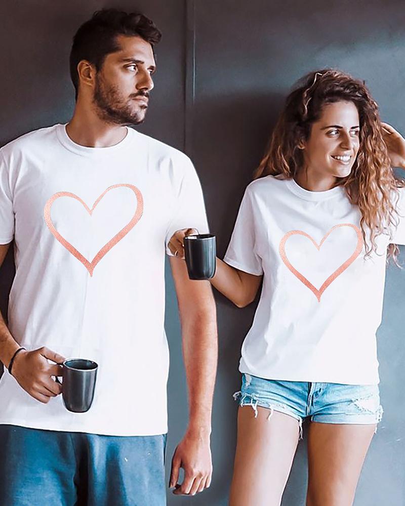 

Valentine' Day Unisex Heart Print Short Sleeve T-shirt, White