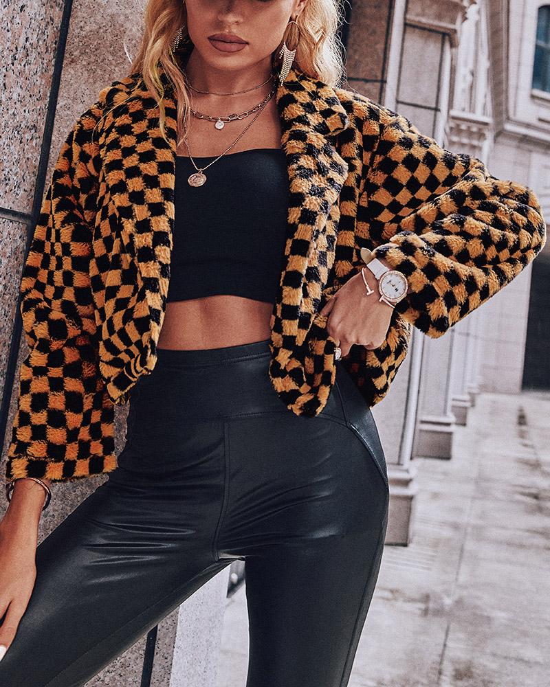 

Long Sleeve Plaid Print Fluffy Coat, Brown