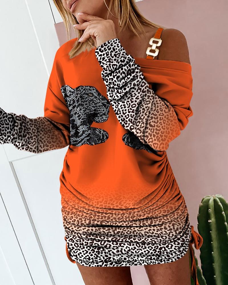 

Leopard Print Cold Shoulder Drawstring Long Sleeve Dress, Orange