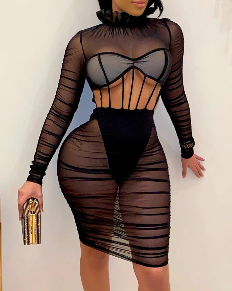 

Sheer Mesh Cutout Skinny Bodycon Dress, Black