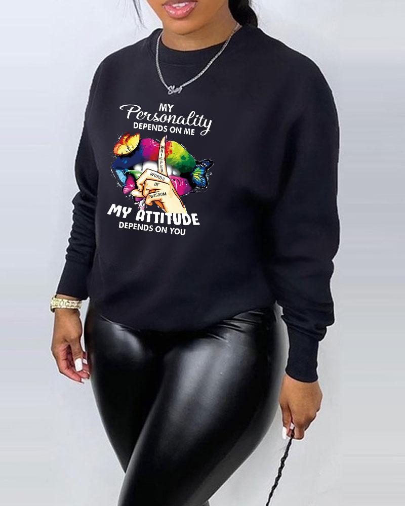 

Plus Size Slogan Butterfly Print Long Sleeve Sweatshirt, Black