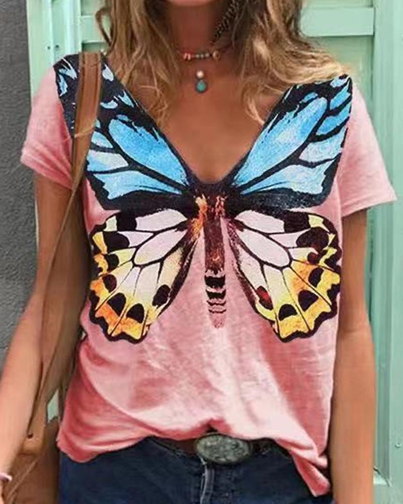

Short Sleeve Butterfly Print Casual T-shirt, Pink