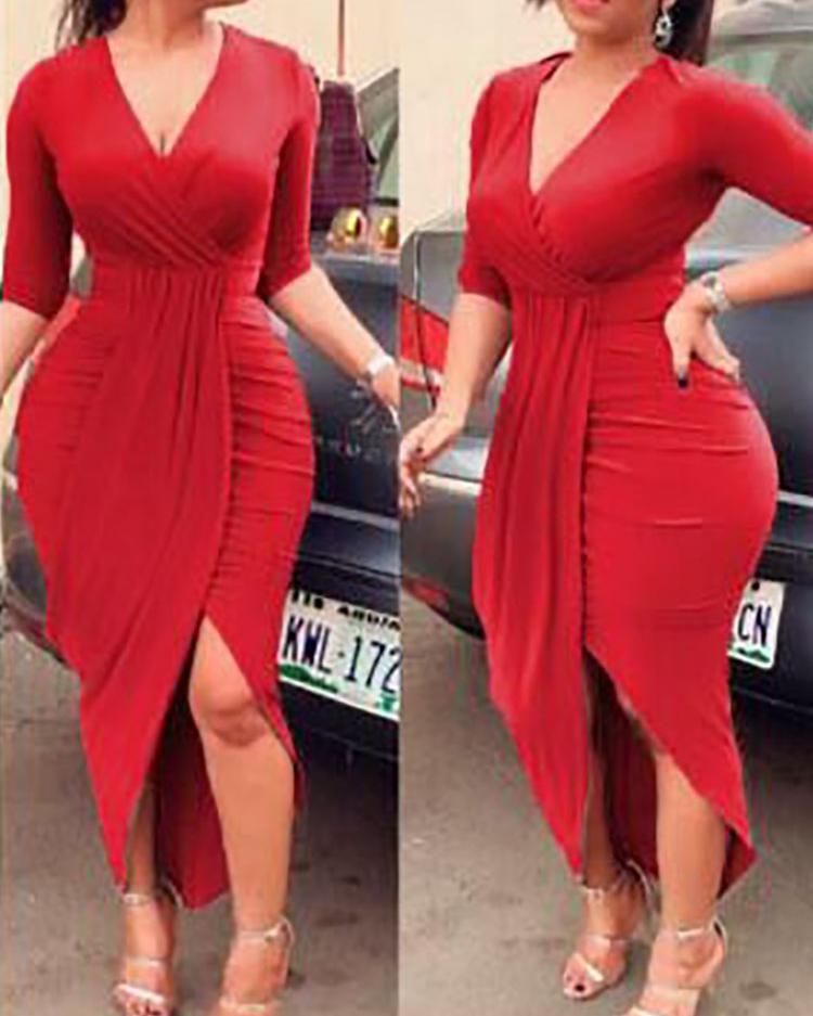 

Deep V Ruched Tulip Hem Party Dress, Red