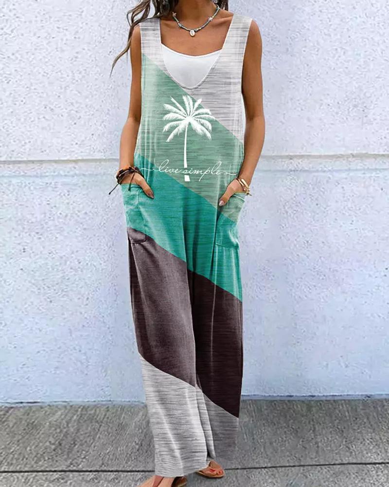 

Coconut Tree Print Colorblock Wide Leg Jumpsuit, Green