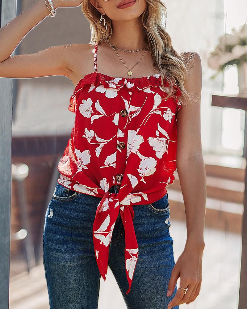 

Floral Print Strap Loose Tanks, Red