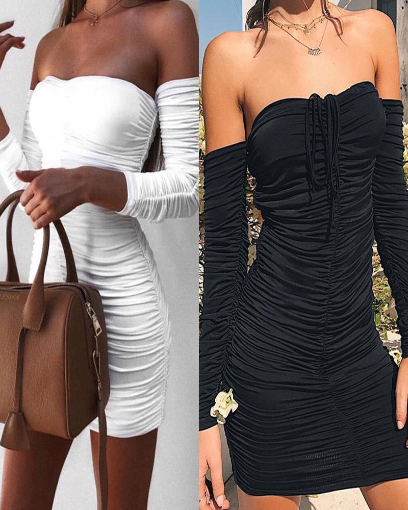 

Off Shoulder Ruched Tied Detail Bodycon Dress, Black