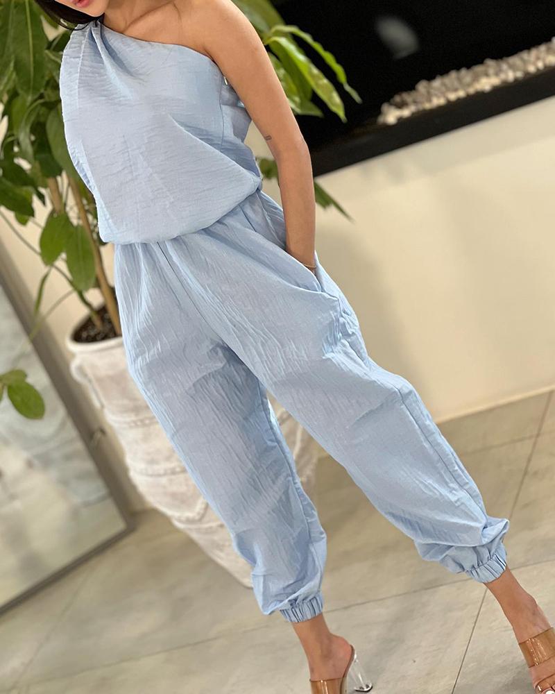 

One Shoulder Tank Top & Pocket Design Pants Set, Blue
