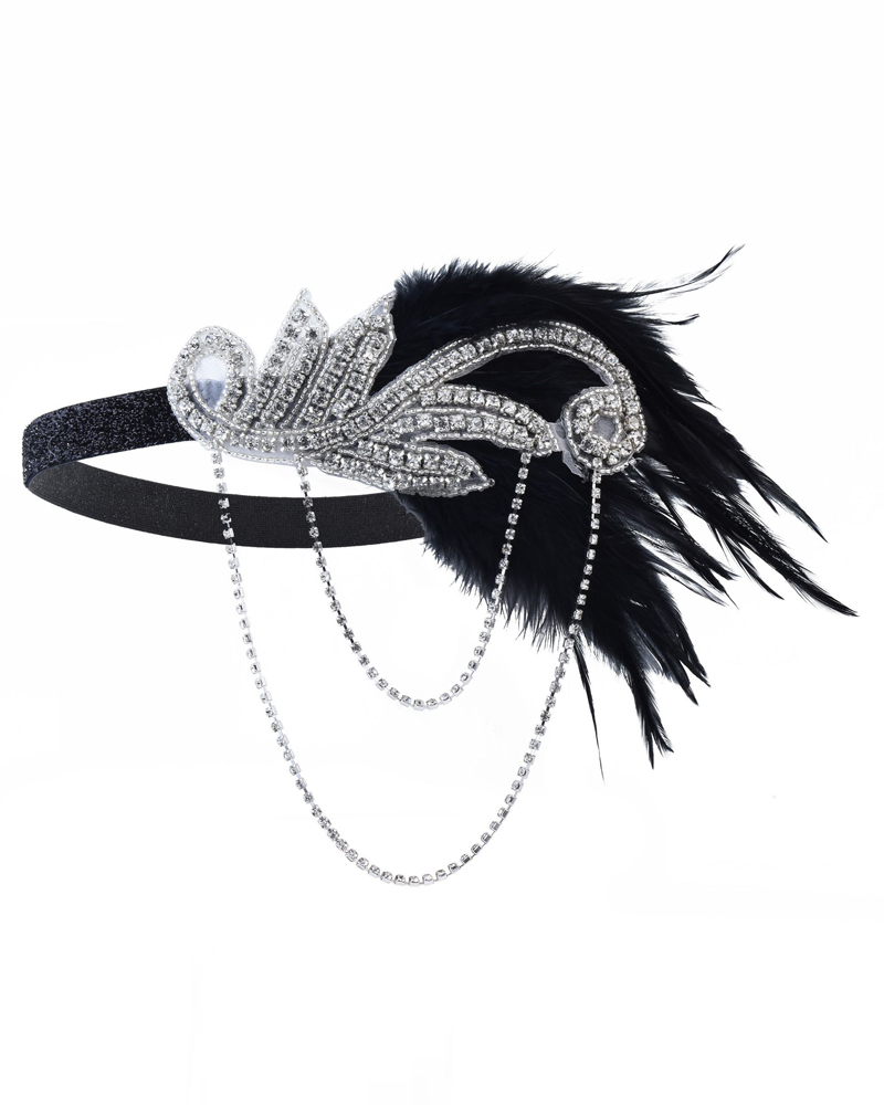 

Rhinestone Feather Headpiece Flapper Headbands 1920s Luxury Jewelry Gatsby Party Flapper Girl Showgirl Hair Costume Accessories, Black