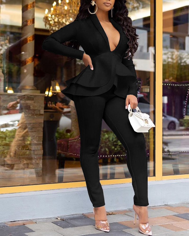 

Plunge Layered Ruffles Top & Pencil Pant Sets, Black